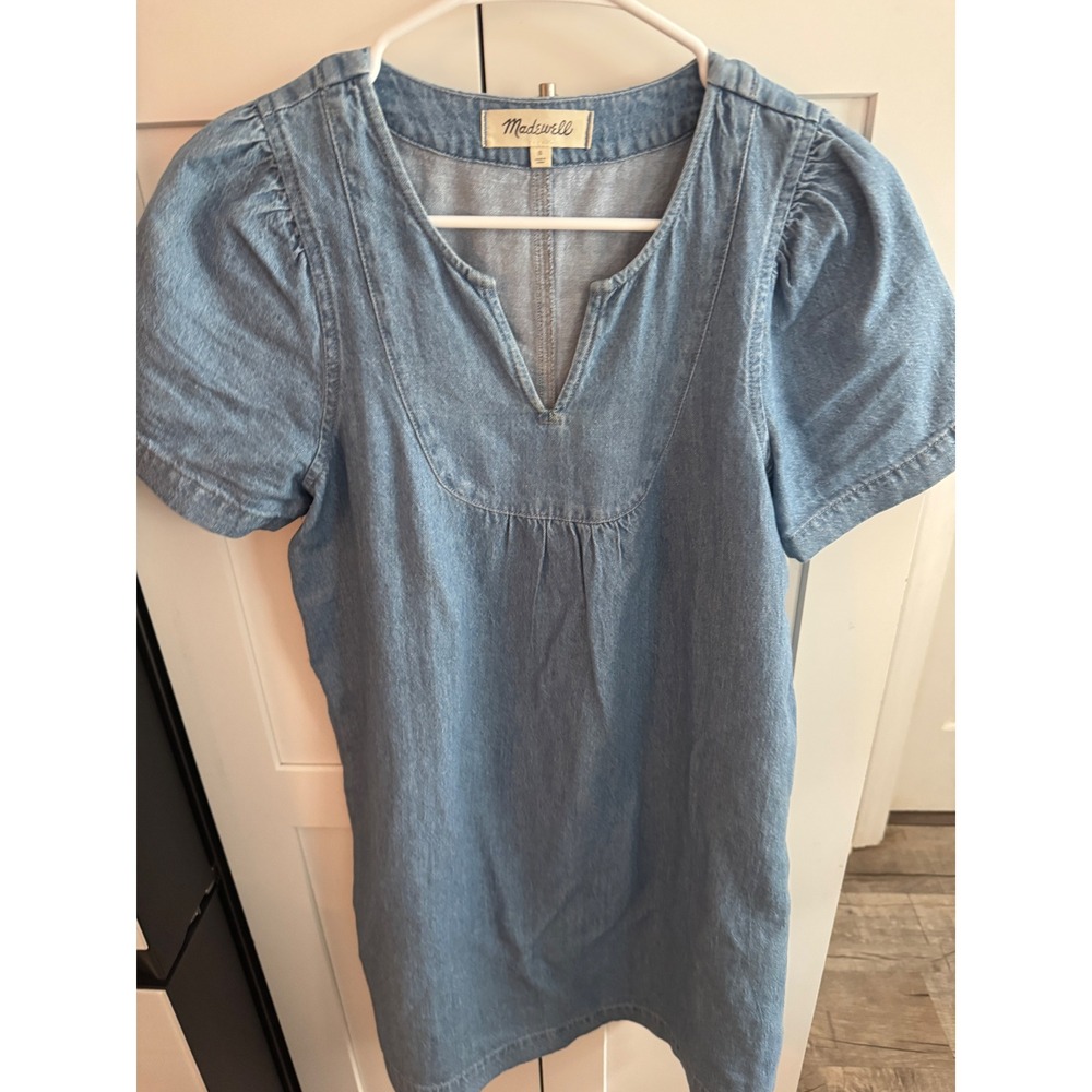 Madewell Womens Blue Denim Chambray Puff Sleeve Shift Dress Split Neck Small